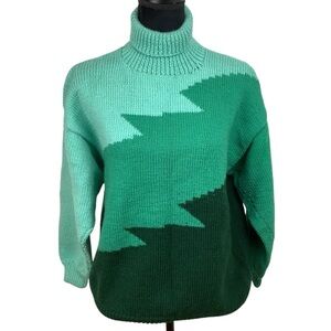 HANDMADE COLOR BLOCK GREEN HANDKNIT TURTLENECK SWEATER